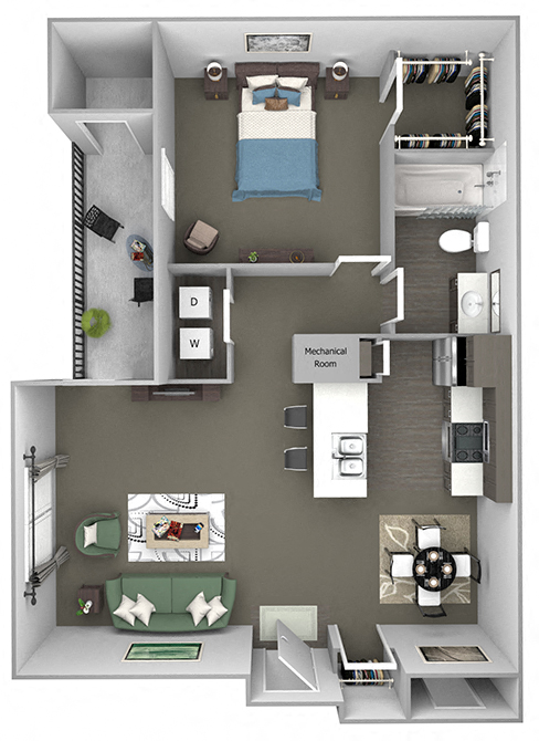 Floor plan for 1 bed, 1 bath, 704 sqft
